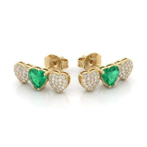 Brinco Trilogia de Amor com Zircônias e Pedra Verde Esmeralda em Ouro Quebec – Antialérgico com Tarraxa