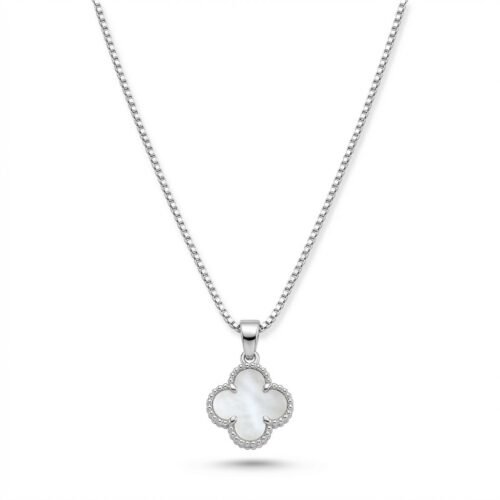 Colar Flor Perolata em Ródio Branco com Madrepérola – Corrente Veneziana 45cm, Hipoalergênico e Fecho Boia