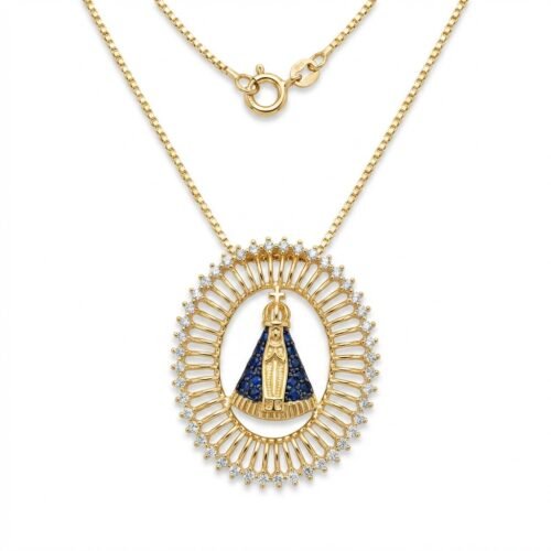 Colar Nossa Senhora Luz Divina 18k com Zircônias e Aplique Azul – Corrente Veneziana 45cm, Hipoalergênico com Paládio e Fecho Boia
