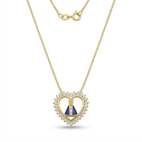 Colar Nossa Senhora Luz Divina 18k com Zircônias e Aplique Azul, Coração – Corrente Veneziana 45cm, Hipoalergênico com Paládio e Fecho Boia